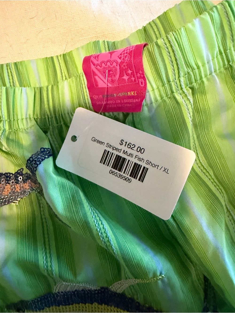 QUEEN OF SPARKLES Green Striped Sequin Fish Embellished Shorts - Picture 4 of 4